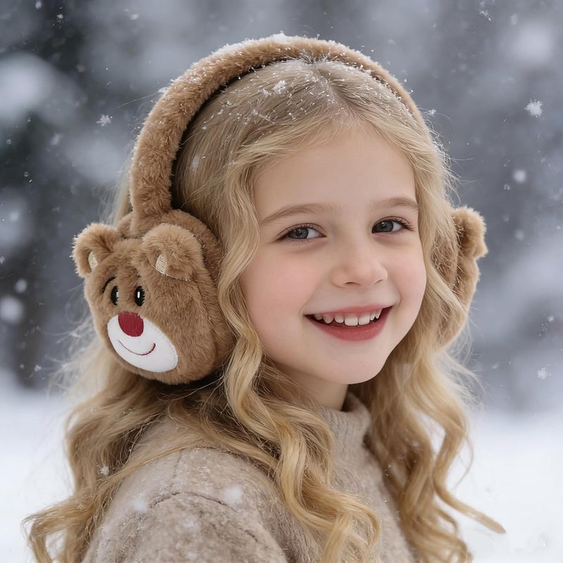 Peecabe Winter Kids Earmuffs Warm Girl Ear Muffs For Toddler Kid Children Earmuff with Cat Ears Girls Ear Warmer (Coffee Bear) - Image 2